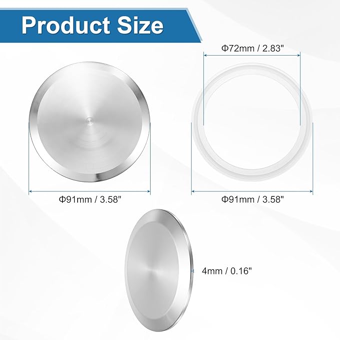 uxcell 2set Stainless Steel Sanitary Fitting Clamp End Cap 3.5" (91mm) Solid Tube End Cap with Silicone Gasket for Food Beverage Cosmetics Factory Pipes