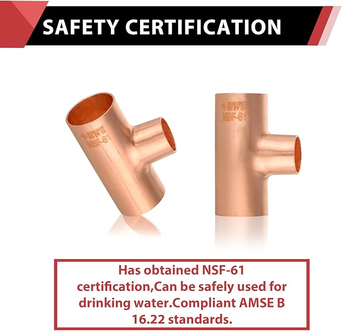 10-Pack EFIELD 3/4" X 3/4" X1/2" C X CX C Copper Reducing Tee, LF Copper Plumbing Fittings with Sweat Solder Connection (3/4"x3/4"x1/2"),(COPPER012)
