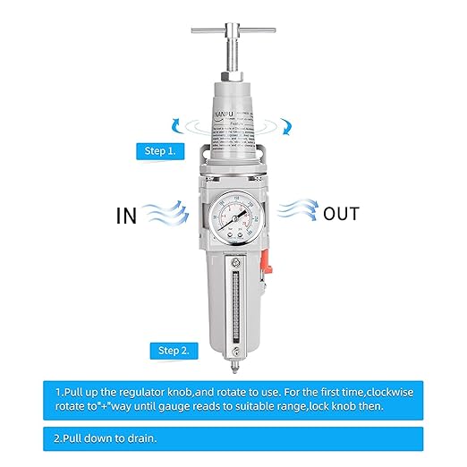 NANPU 3/4" NPT High Pressure Air Filter/Regulator Combo, T-Handle, Semi-Auto Drain, 0-300 Gauge, Metal Bowl