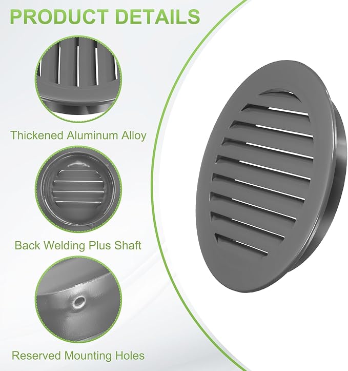 PATIKIL 9" Round Air Vent, Louver Grille Cover Aluminum Alloy Soffit Vent HVAC Ventilation for Ceiling Wall Roofing Bathroom Kitchen Garage Duct Shed Garage, Dark Gray