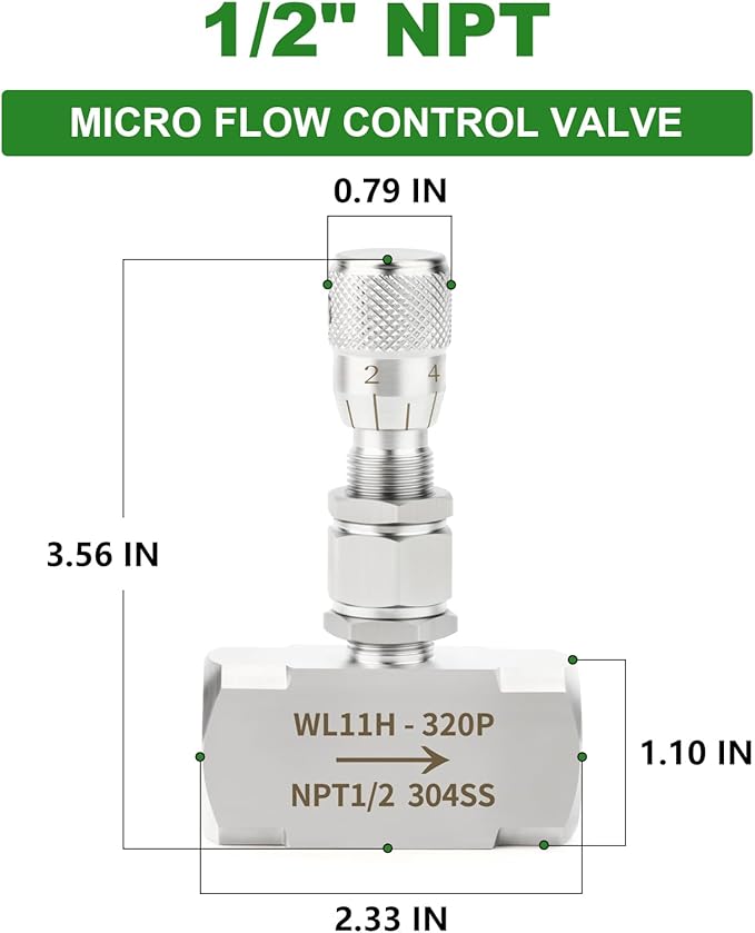 TAISHER 1PCS 304 Stainless Steel Reduce Port 3mm Needle Valve 1/2" NPT Female，Accurate Dials For Micro Flow Control Instrument Gauge Water Gas Oil
