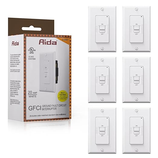 AIDA Blank Face GFCI, 20 Amp, Self Test, LED Indicator Light,Provides GFCI Protection,White GFCI Outlet 20 amp, 20 Amp GFCI Outlet UL Listed,Back &Side Wire (White, 6 Pack)