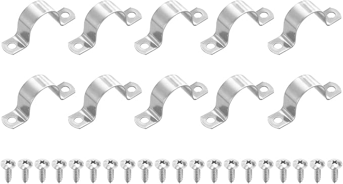uxcell 10Pcs 32mm(1-1/4") Two Hole Rigid Pipe Strap, 304 Stainless Steel Conduit Clamp Thicken U Bracket Heavy Duty Pipe Clamp with Self-Tapping Screws for Fixing Tube Cable, Silver