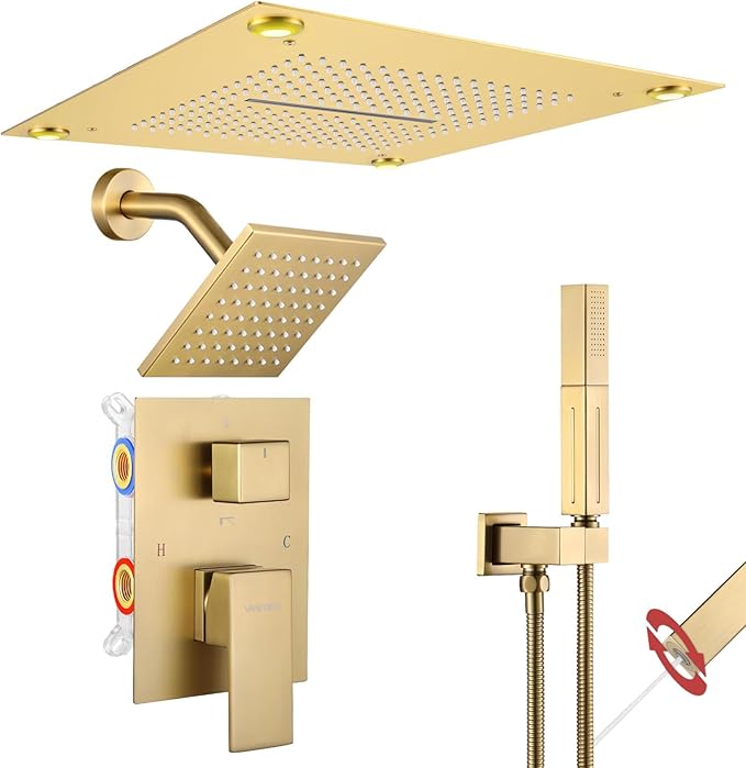 VANFOXLE Shower Faucet Set Brushed Gold Shower System,Shower Faucet with 2 in 1 Handheld,Ceiling Mount 16 Inch Shower Head+6 Inch Shower Head(Rough-in Valve Body and Trim)