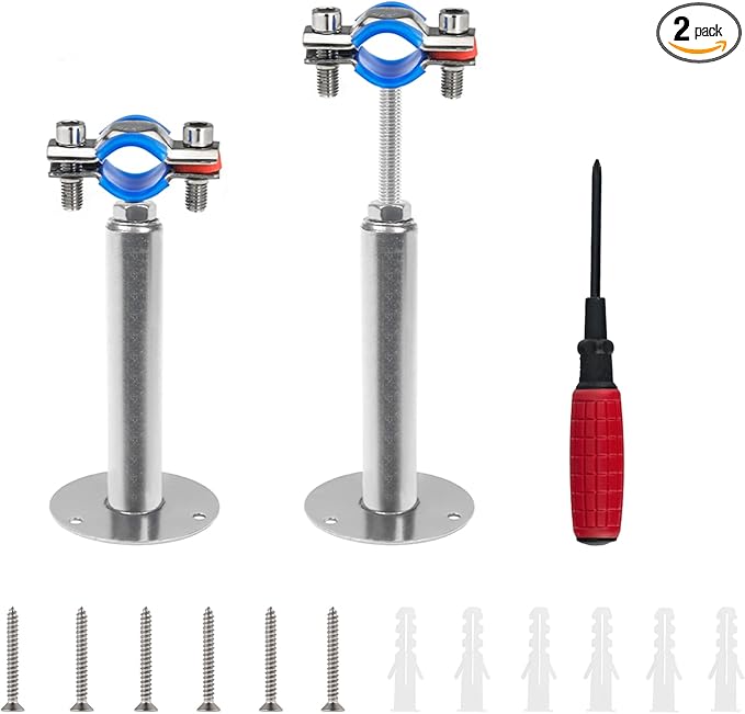 Kodilin 2PCS 304 Stainless Steel Wall Mount Ceiling Mount Pipe Supports,Suitable for OD Pipe 1/2"(19-22mm),Adjustable Height 100-200mm,Adjustable Pipe Strap Clamp with Screws