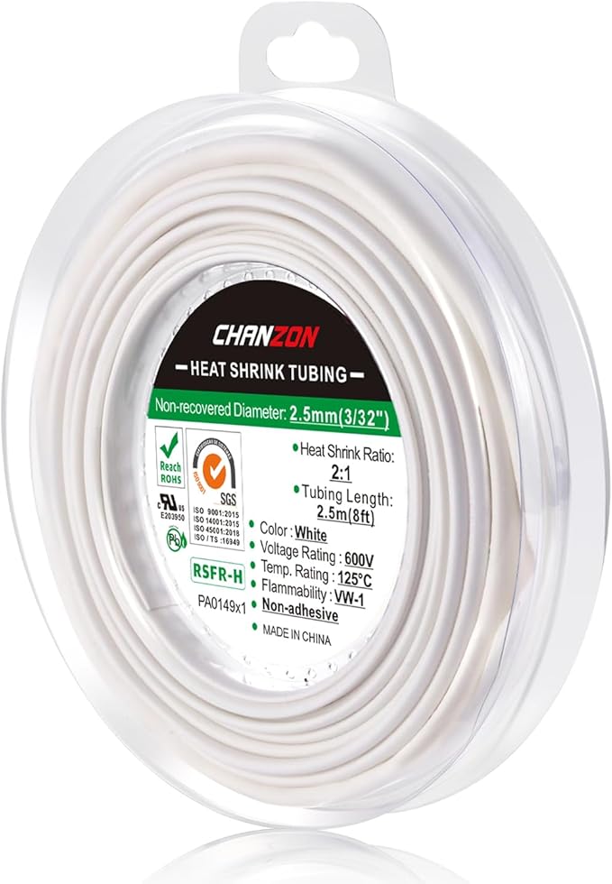Chanzon 2:1 Ratio 3/32" (2.5mm) Heat Shrink Tubing 8Ft Roll (2.5M Total Length) White Polyolefin Sleeving Wrap Shrinking 2 to 1 1pcs