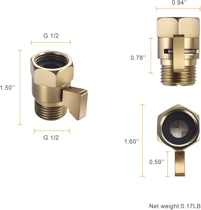 Brushed Gold Shower Head Shut Off Valve, 1/2" NPT Flow Control Valve, Brass Water Pressure Regulator