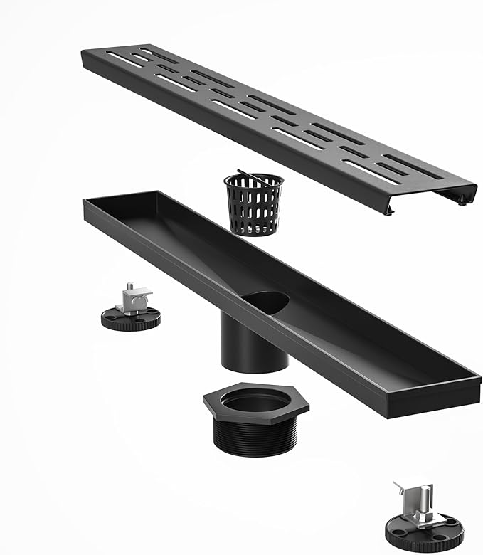 Linear Shower Drain 24" Matte Black 304 Stainless Steel | with Drain Grate| Fast Drainage | Stainless Floor Drain Grate | Hair Strainer | Drain Key | The Upgrade for Your Bathroom