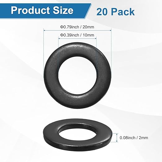 20-Pack M10 Flat Washers, Metric 20mm OD 2mm Thick 304 Stainless Steel Washers for Bolts Screws Nuts for Automotive/Machinery/Furniture, Flat Metal Washers [Black Galvanized]