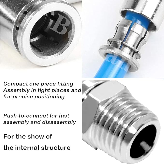 Beduan Push to Connect Tube Fitting Union Tee, Copper Nickle-Plated 1/4" Tube OD x 1/8" NPT Male Thread Shaped Union Adapter Fitting (Pack of 2)