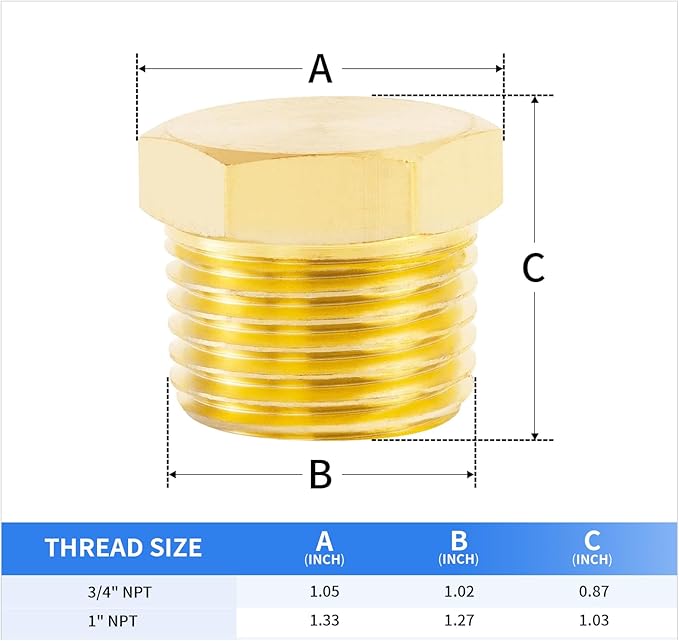 ChillWaves Brass Pipe Fitting, Outer Hex Head Socket Pipe Plug Fitting 3/4" NPT Male Thread Adapter(6-PACK)
