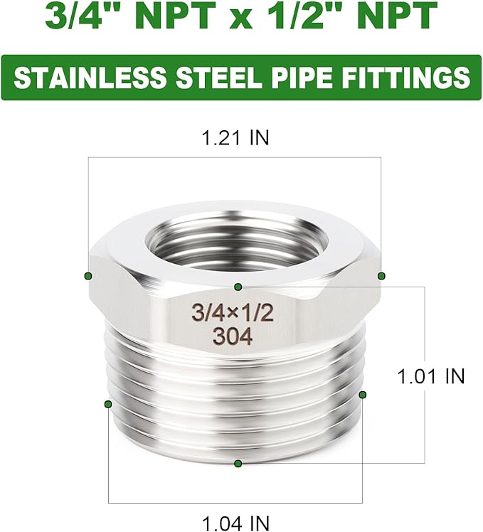 TAISHER 5PCS 304 Stainless Steel New Reducer Hex Bushing, 3/4" NPT Male x 1/2" NPT Female, Reducing Pipe Adapter Fitting