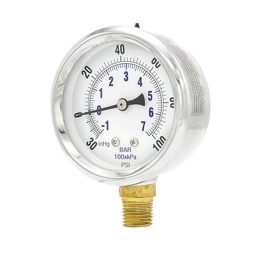 PIC Gauges PRO-201L-254CE 30-0-100 PSI Pressure Gauge, 2 1/2" Dial, 1/4" Male NPT Connection, Bottom Mount, Dual Scale, Glycerin Filled, Stainless Steel Case/Bezel, Brass Internals & Plastic Lens