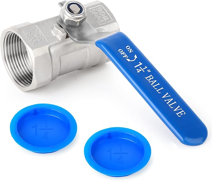 TAISHER 2 Pcs 1-1/4 Inch FNPT Ball Valve Kit, 304 Stainless Steel with Blue Handles & Nipple