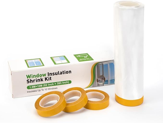 Window Insulation Kit, Plastic Window Covering 62 Inch Wide × 393 Inch Length with Double-Sided Tape, Insulator Seal Kit for 10 - 3'x5' Windows Winterizing for Winter, 1 Roll Clear