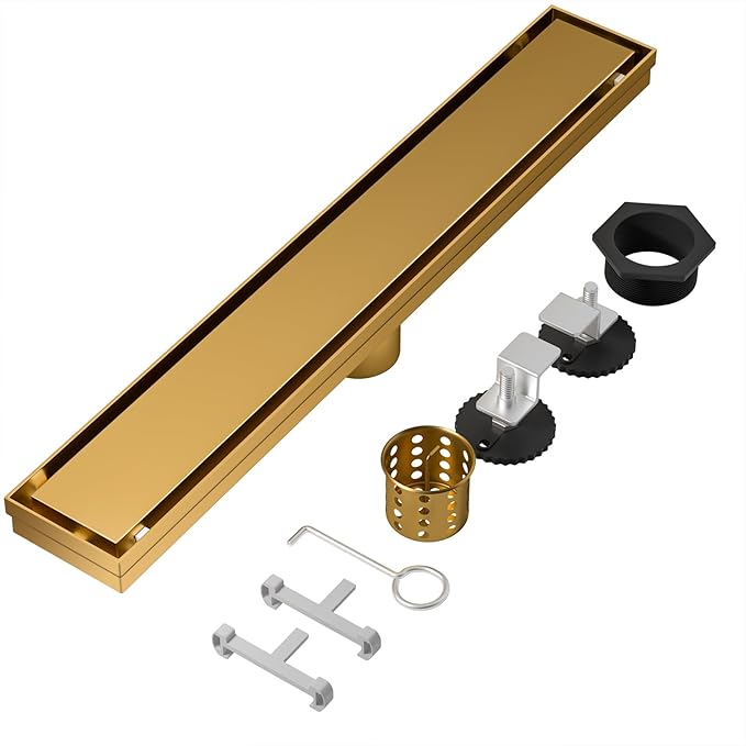Linear Shower Drain, 304 Stainless Steel with Adjustable Leveling Feet, Hair Strainer,Reversely Install Place to Create an Invisible Floor Drain - Gold -24-Inch