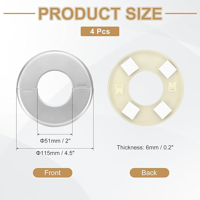 PATIKIL Wall Split Flange 115mm / 4.5" OD, 4 Pcs Round Escutcheon Plate Cover PPR Plumbing Cover Plates with Self-Adhesive Tape for 51mm / 2" Dia Water Pipe Faucet, Silver