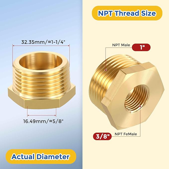 2 Pack Brass Pipe Fittings, 1" NPT Male to 3/8" NPT FeMale Brass Hex Bushing Reducer, Hose Tube Threaded Adapter for Air, Oil, LP