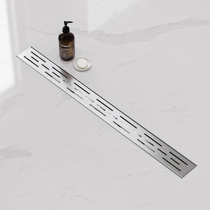 Neodrain 28 Inch Rectangular Linear Shower Drain with Brick Pattern Grate, Brushed 304 Stainless Steel Bathroom Floor Drain,Shower Floor Drain Includes Adjustable Leveling Feet, Hair Strainer