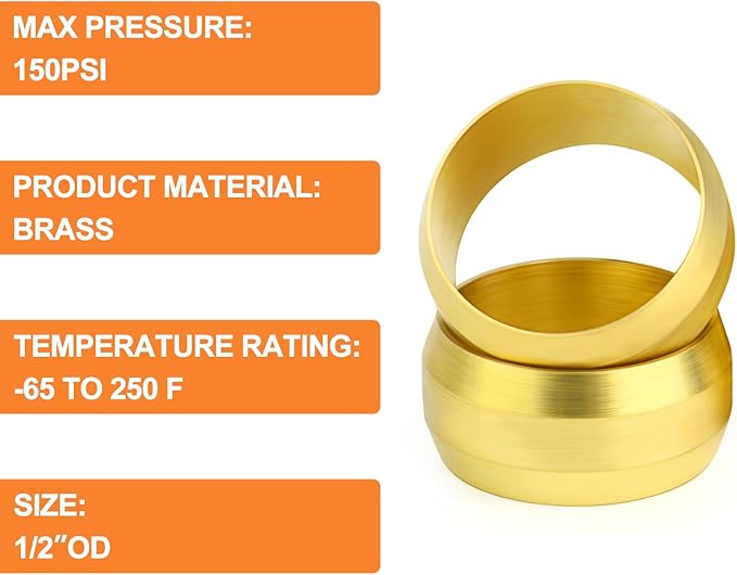 GASHER 100PCS Brass Compression Fitting, Brass Compression Sleeve Ferrules 1/2" Tube OD