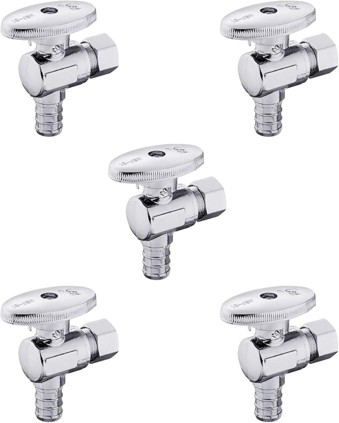 (Pack of 5) EFIELD 1/4 Turn Angle Stop Valve 3/8" OD Compression x 1/2" Pex Chrome Plated Brass,(VALVE076-5PCS)