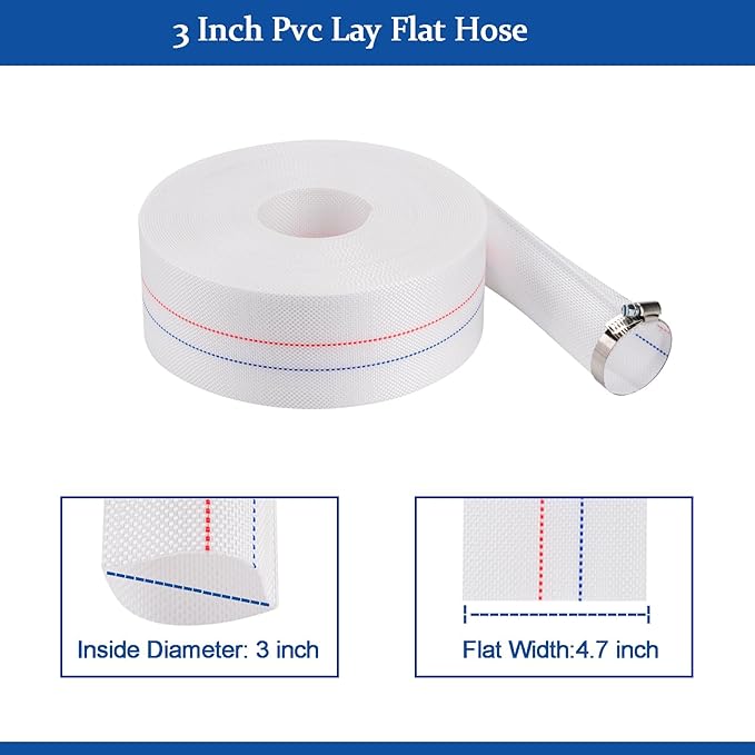 Eastrans 3INx65.6FT Pool Backwash Hose,Extra Heavy Duty Discharge Lay Flat Hose for Swimming Pool, Drain Hoses with Clamp,10 Bar Working Pressure,High pressure resistance,Ultra Strong Wear Resistance