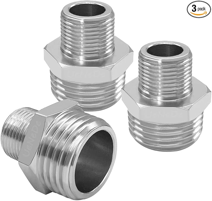 3PCS Water Line Adapter, 1/2" Male to 3/8" Male Reducer Connector, Brass Nickel Plating Compression Fitting for Kitchen Bathroom Faucet Supply Line Hose Stop Valve