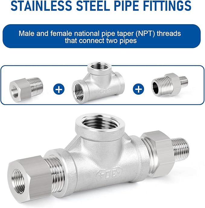 Kodilin Pipe Fittings 304 Stainless Steel Tee Pipe Fittings 1/4" x 1/4" x 1/4" NPT Female Thread Adapter - 4PCS