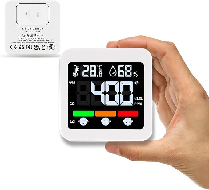 Plug-in 4-in-1 Gas & CO Detector with Temp/Humidity - Natural Gas, Propane & Methane Detector for Home, RV & Apartments (1, White-Beep Edition)