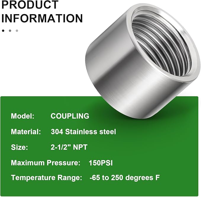 TAISHER 1PCS 304 Stainless Steel Cast Pipe Fitting, Coupling, 2-1/2" x 2-1/2" NPT Female Threaded