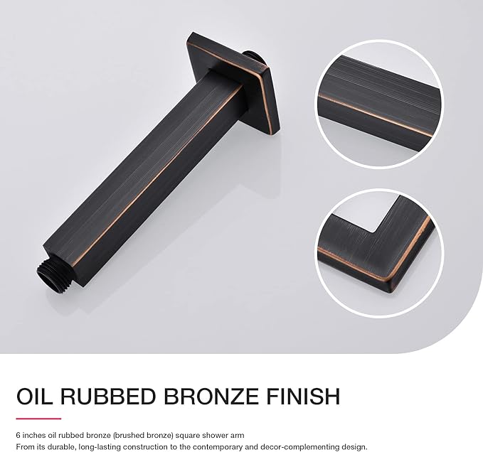Brushed Bronze Shower Arm with Flange Ceiling Mounted 6 Inch Square Stainless Steel Extension for Overhead Rainfall Shower Head, Oil Rubbed Bronze