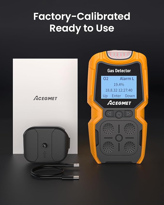 ACEGMET MG10 Gas Detector with Type-C Charging, 4 Gas Monitor Multi Gas Detector, Vibration, Visual and Audible Alarms, 14h Battery Life, for Work, Home, Orange