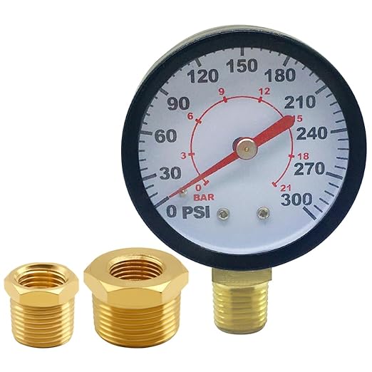 Pressure Gauge 0-300PSI 1/4" NPT Male Brass Bottom Mount 2" Dial Stainless Steel Case Include 1/2" NPT and 3/8" NPT Connector Universal Multifunctional