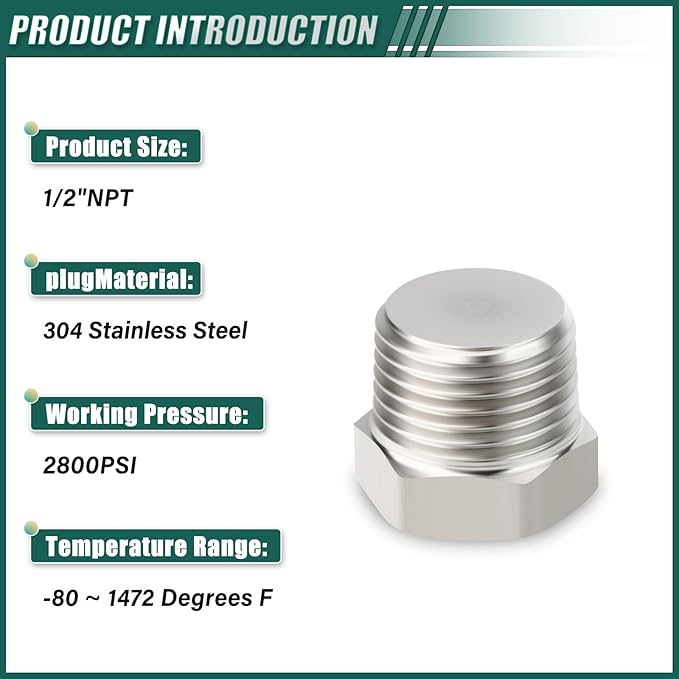 5PCS Stainless Steel Outer Hex Thread Socket Pipe Plug Fitting, 1/2" NPT Male, for Blocking or Sealing Holes in Pipes or Devices