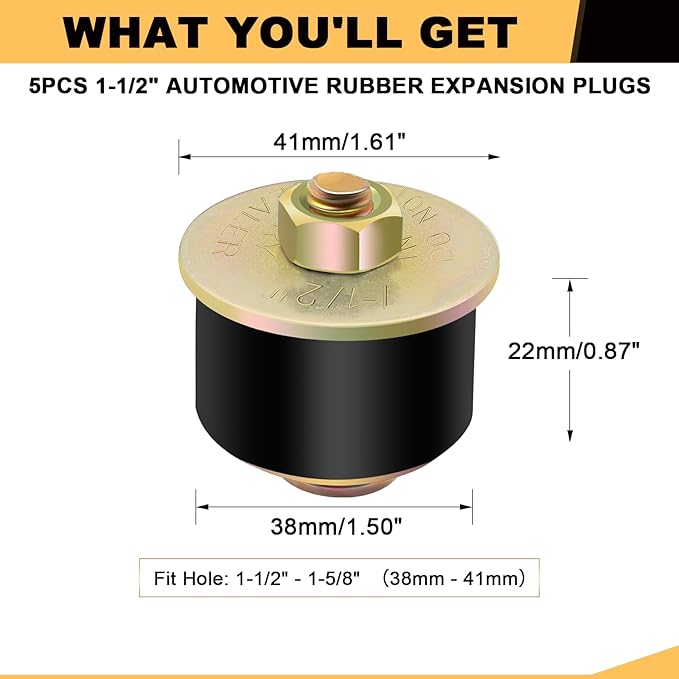 Siptenk 1-1/2" Freeze Rubber Expansion Plug 5 pcs, Automotive Rubber Expandable Freeze Plugs For Engine