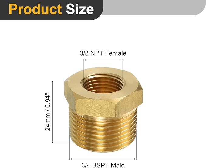 uxcell 1Pcs 3/4 BSPT Male x 3/8 NPT Female Brass Reducer Hex Bushing Threaded Pipe Fitting, Brass Threaded Pipe Fitting Adapter for Water, Gas, Oil Pipeline Systems