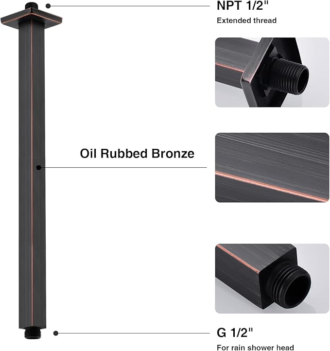 TRUSTMI Bronze Shower Arm with Flange 16 Inch Square Rainfall Shower Head Extension Arm, Ceiling Mounted, Straight, Oil Rubbed Bronze
