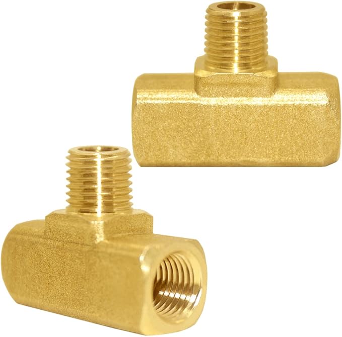 Joywayus Brass Pipe Fitting Barstock Street Tee T 3 way NPT 1/4" Female × 1/4" Male × 1/4" Female Adapter (Pack of 2)