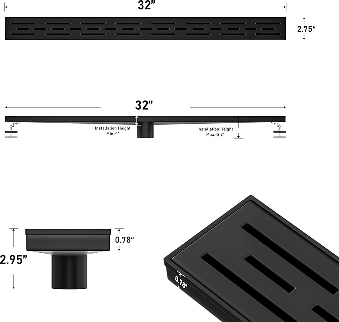 Linear Shower Drain 32" Matte Black 304 Stainless Steel | with Drain Grate| Fast Drainage | Stainless Floor Drain Grate | Hair Strainer | Drain Key | The Upgrade for Your Bathroom