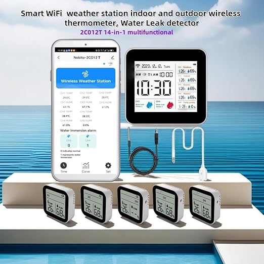 WiFi Smart Weather Station,Water Sensor Leak Detector Alarm for Kitchen, Bathroom,Flood Water Leakage,Indoor and Outdoor Wireless Temperature and Humidity Meter，Thermometer Probe for Aquarium