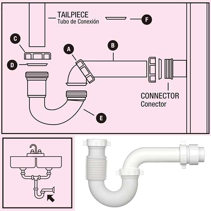 (1 Pack) Yariwiz White P Trap 1 1/2 Inch for Bathroom Kitchen Sink Drain Pipe Tubular Kit with Adjustable J-bend, White Threaded Adapter and Blue TPE Washer KSD-004W
