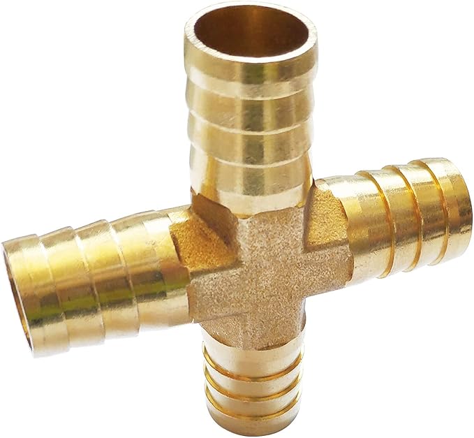 2PCs 3/4" Brass Hose Barb Fitting 4 Way Cross Barbed Splicer Mender Union Fitting with 8PCs Hose Clamp for Oil Water Air