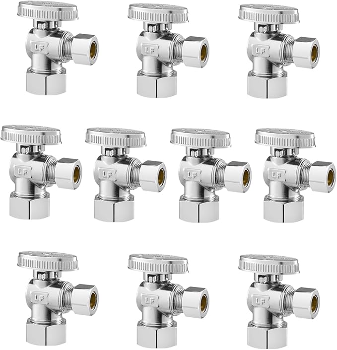 VEVOR 10-Pack Angle Stop Valve, 1/4 Turn Water Shut Off Valves, 1/2" Nominal (5/8" OD) Compression Inlet x 3/8" OD Compression Outlet Shutoff Valve for Bathroom Kitchen Toilet Shower Plumbing