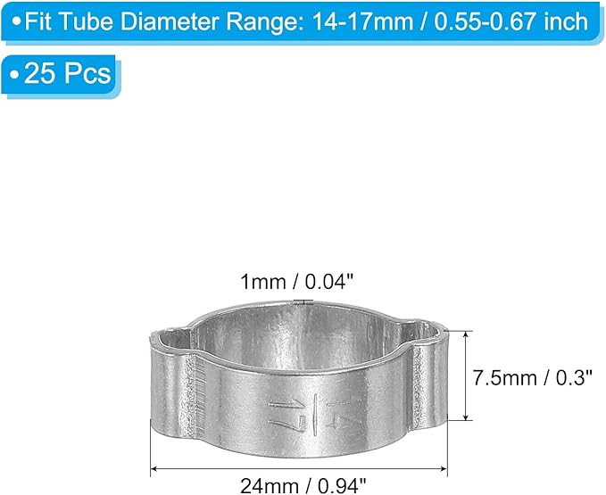 PATIKIL 25 Pack 14-17mm Double Ear Hose Clamp, 304 Stainless Steel O Clip Crimp Rings for Fuel Petrol Pipe Tube Fitting Connections, Silver Tone