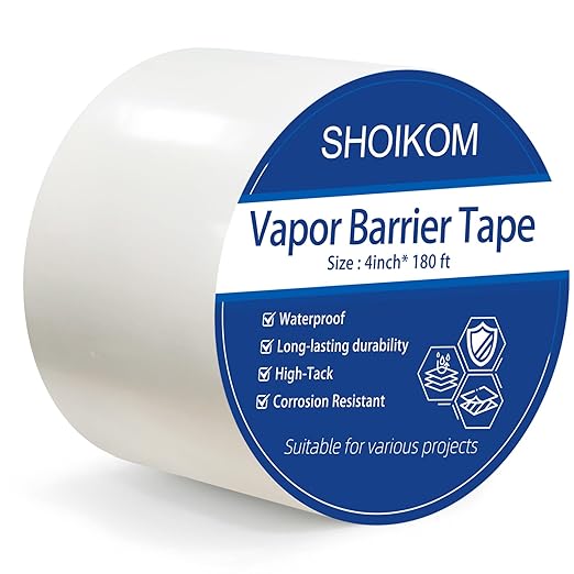 9mil 4-Inch x 180-Foot White Vapor Barrier Tape, Polyethylene Waterproof Seal & Seam Tape for Crawl Spaces, Moisture-Proof & Sealing Solution