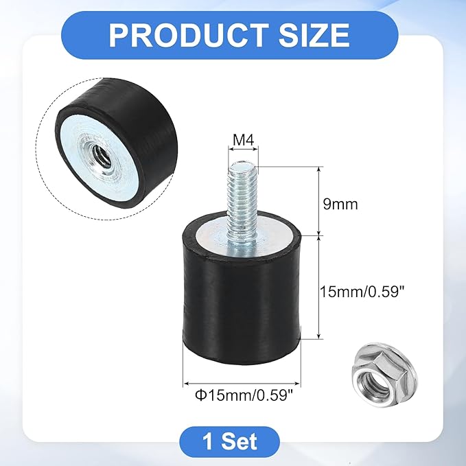 uxcell M4 Rubber Mounts, 1Pcs 15x15mm(DxH) Rubber Cylindrical Anti Vibration Isolator Shock Absorber with Lock Nut for Car Bobbin Generator Air Compressors