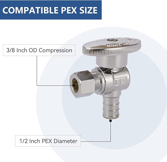 Angle Stop Valve,1/2 Inch Pex X 3/8 Inch OD Compression Angle Shut-off Valve with 1/4 Turn on/off (Pack of 10,ASTM F1807)(VALVE076-10Pack)
