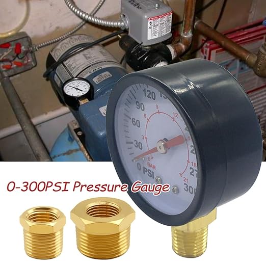 Pressure Gauge 0-300PSI 1/4" NPT Male Brass Bottom Mount 2" Dial Stainless Steel Case Include 1/2" NPT and 3/8" NPT Connector Universal Multifunctional