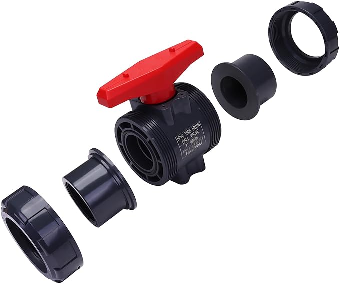 DERNORD PVC True Union Ball Valve NPT Threaded with Full Port, EPDM O-Rings, and Reversible PTFE Seats, Rated at 200 PSI (3 Inch NPT Threaded)