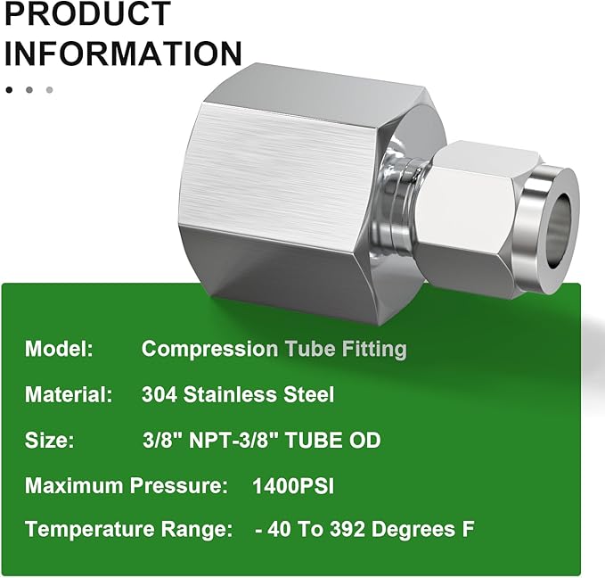 TAISHER 2PCS 304 Stainless Steel Compression Tube Pipe Fitting Connector, 3/8" Tube OD x 3/8" NPT Female Straight Adapter